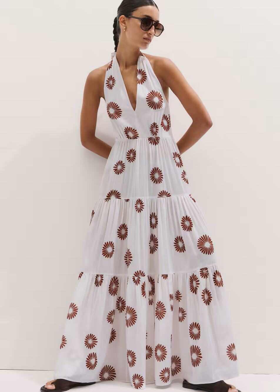 NEW ME+EM Daisy Floral Dress White Brown Cinnamon Halter Tiered Full Length 6